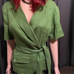 Green and White New York and Company Linen Suit Jacket with Belt